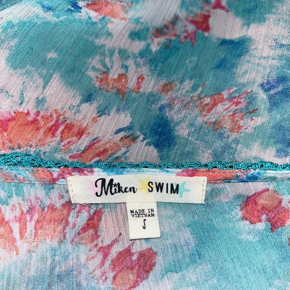 Miken Swim coverup open front single tassel tie dyed wide sleeve wide SZ SM teal